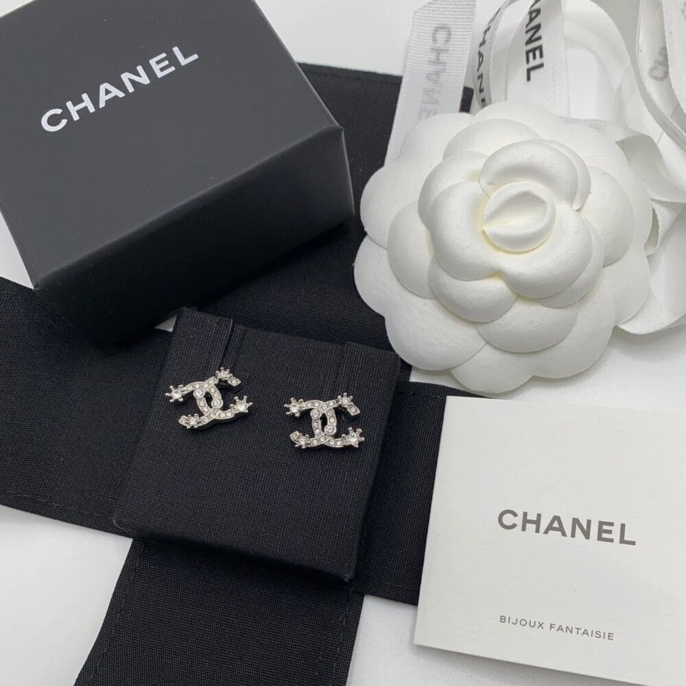 Authentic Chanel CC Earrings Silver With Crystals Brand New